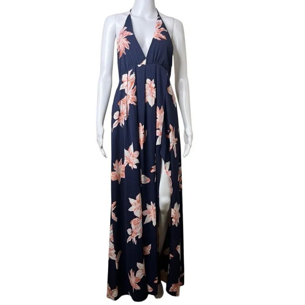 Azbro Halter Floor Length Maxi Dress Blue and Pink Size Large